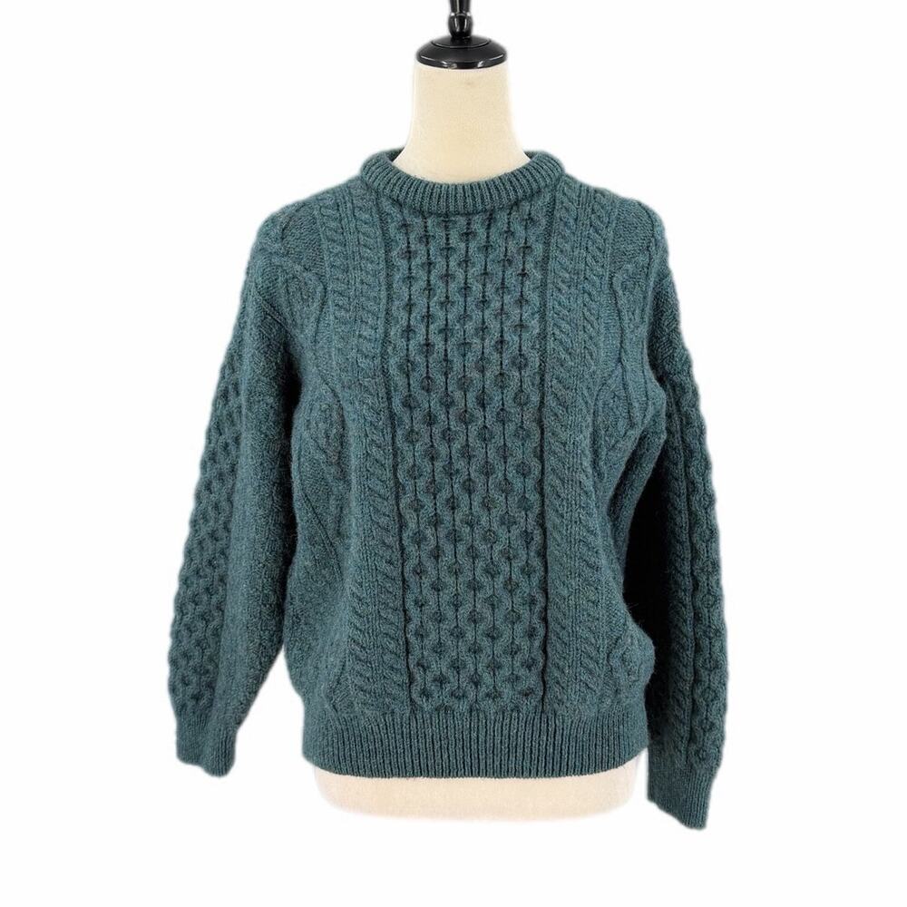 Vintage Arancrafts Green Textured 100% Wool Irish Fisherman Warm Cozy Sweater